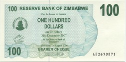 Зимбабве 100 долларов 2006 год - Номинал. Горы UNC