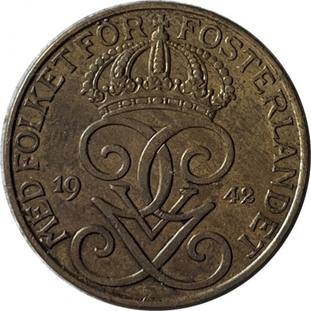 Швеция 5 эре 1942 год - Король Густав V (бронза)