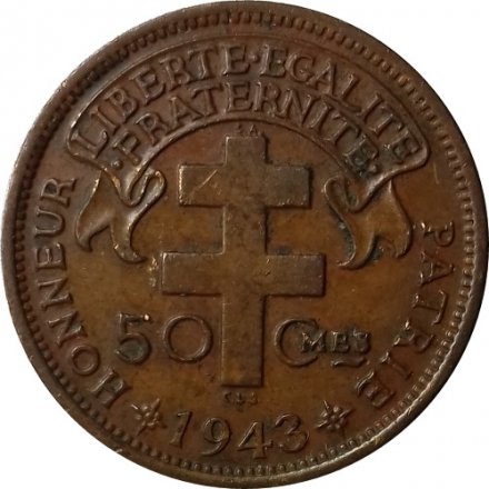 Камерун 50 сантимов 1943 год - CAMEROUN FRANCAIS LIBRE