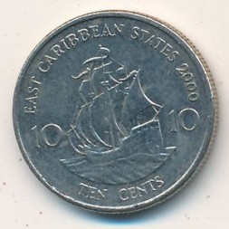 Восточные Карибы 10 центов 2000 год - Парусник &quot;Золотая лань&quot;