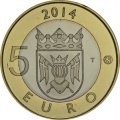 Финляндия 5 евро 2014 год - Исторические регионы Финляндии. Животные - Исконная Финляндия