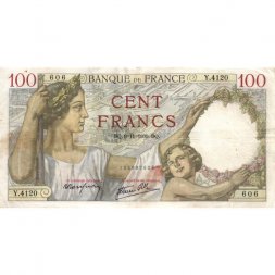 Франция 100 франков 1939 год - следы от степлера - F
