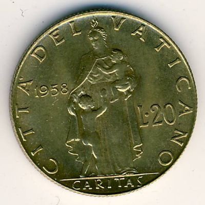 Ватикан 20 лир 1958 год