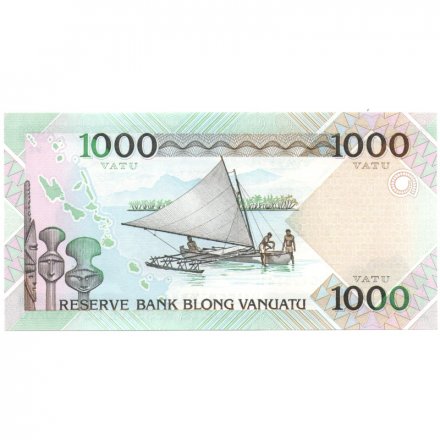 Вануату 1000 вату 2002 год - Меланезийский вождь. Каноэ UNC