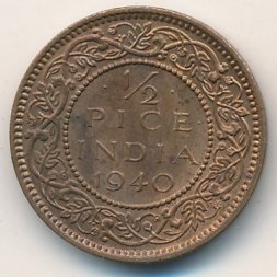 Британская Индия 1/2 пайса 1940 год