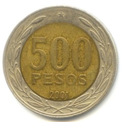 Монета Чили 500 песо 2001 год