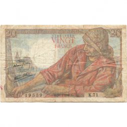 Франция 20 франков 1943 год - проколы, надрыв - F