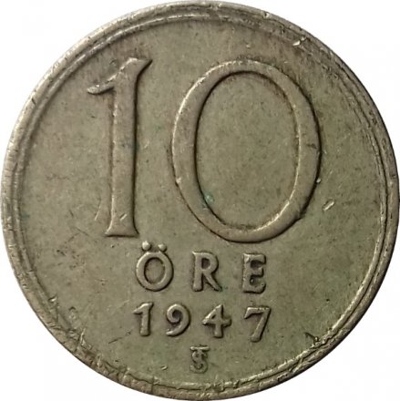 Швеция 10 эре 1947 год (&quot;SVERIGE&quot; на аверсе)
