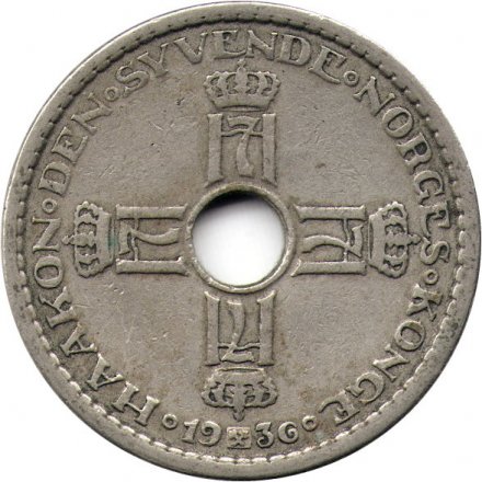 Норвегия 1 крона 1936 год - Король Хокон VII (редкий год)