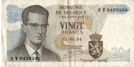 Бельгия 20 франков 1964 год - VF