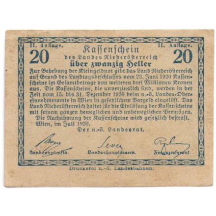 Австрия (нотгельд) 20 геллеров 1920 год - XF