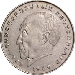 ФРГ 2 марки 1969 год (D) - Конрад Аденауэр, 20 лет Федеративной Республике (1949-1969)