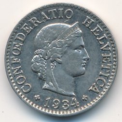 Швейцария 5 раппенов 1934 год