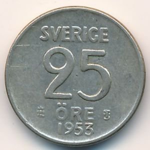 Швеция 25 эре 1953 год - Король Густав VI Адольф