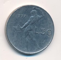 Италия 50 лир 1957 год - Вулкан