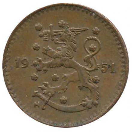 Финляндия 1 марка 1951 год (медь)