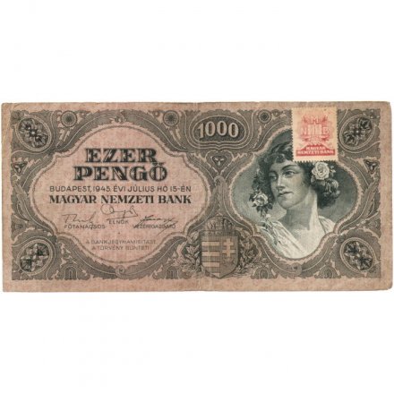 Венгрия 1000 пенгё 1945 год - с маркой - VF