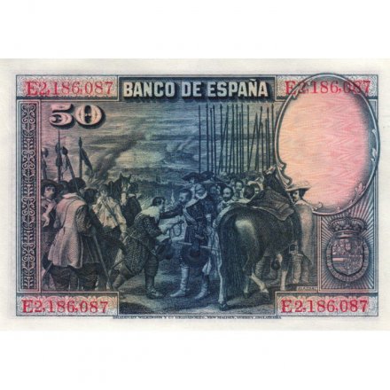 Испания 50 песет 1928 год - Диего Веласкес. Картина «Сдача Бреды» - UNC