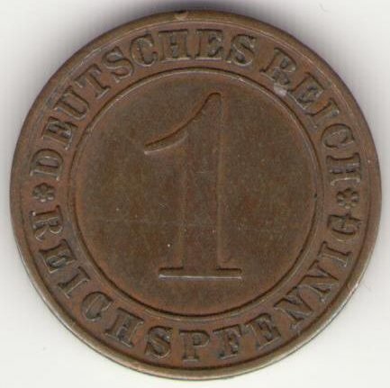 Веймарская республика 1 рейхспфенниг 1928 год (A)
