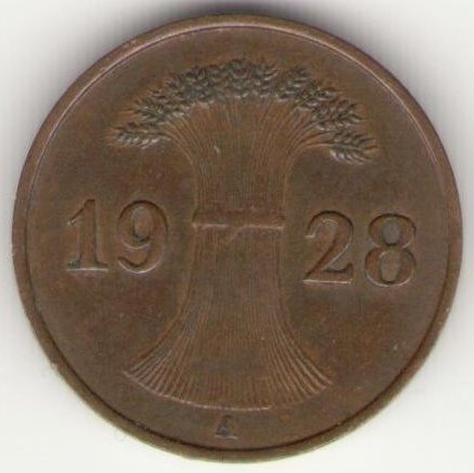 Веймарская республика 1 рейхспфенниг 1928 год (A)