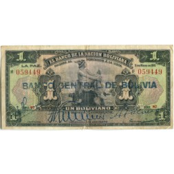 Боливия 1 боливиано 1911 (1929) год - синяя надпечатка - VF-