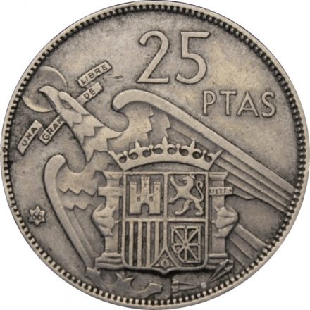 Испания 25 песет 1957 год - Франсиско Франко (66 внутри звезды)