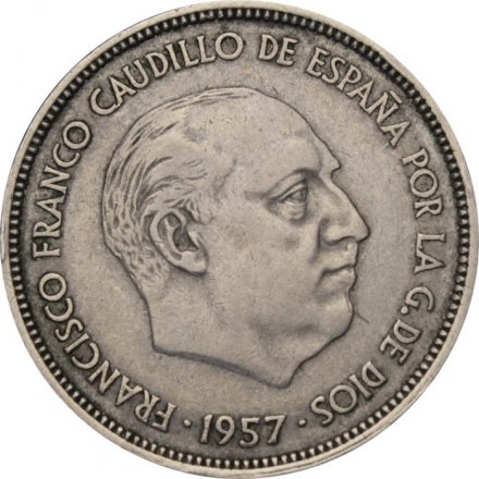 Испания 25 песет 1957 год - Франсиско Франко (66 внутри звезды)