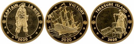 Набор из 3 монет Сейшелы 1 рупия 2020 год - Пираты индийского океана. В футляре сундуке