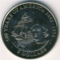 Острова Кука 5 долларов 1991 год - 500 лет открытию Америки