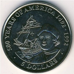 Острова Кука 5 долларов 1991 год - 500 лет открытию Америки