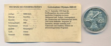 Либерия 5 долларов 2000 год - XXVII Летние Олимпийские игры в Сиднее 2000 года. Метание копья (сертификат)