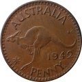 Австралия 1 пенни 1942 год - Кенгуру (&quot;I&quot; ниже бюста. Точка перед и после &quot;PENNY&quot;)