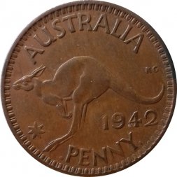 Австралия 1 пенни 1942 год - Кенгуру ("I" ниже бюста. Точка перед и после "PENNY")