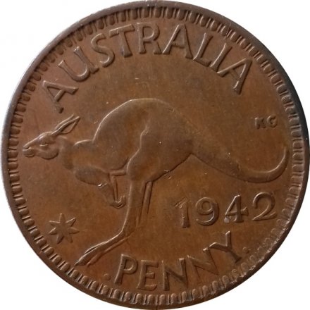 Австралия 1 пенни 1942 год - Кенгуру (&quot;I&quot; ниже бюста. Точка перед и после &quot;PENNY&quot;)