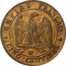 Франция 5 сантимов 1853 год - Отметка монетного двора: "W" - Лилль