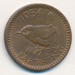 Монета Великобритания 1 фартинг 1954 год