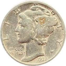 США 1 дайм (10 центов) 1937 год - Меркурий (без отметки МД)