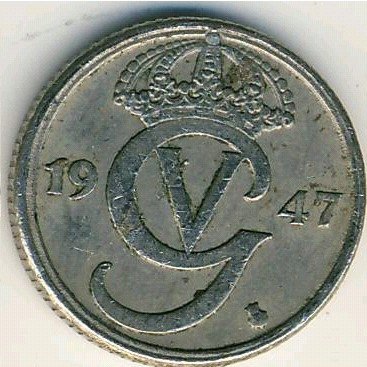 Швеция 10 эре 1947 год (никелевая бронза, &quot;GV&quot; на аверсе)