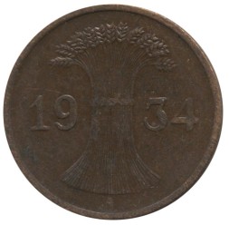 Монета Веймарская республика 1 рейхспфенниг 1934 год (A)