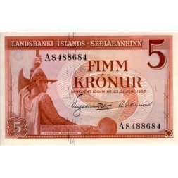 Исландия 5 крон 1957 год - Ингольф Арнарсон, первый поселенец в Исландии UNC