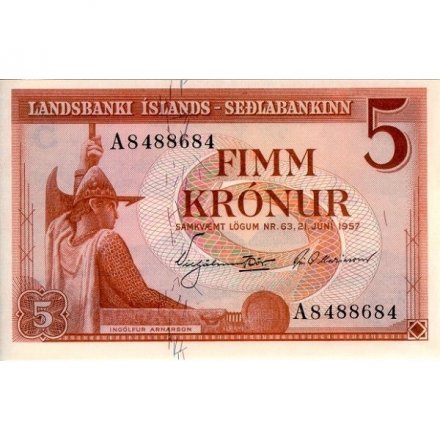 Исландия 5 крон 1957 год - Ингольф Арнарсон, первый поселенец в Исландии UNC