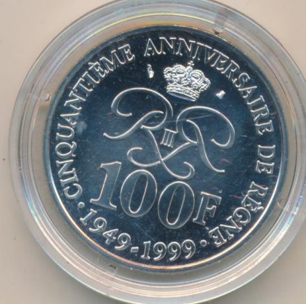 Монако 100 франков 1999 год - 50 лет правлению Ренье III