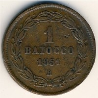 Монета Папская область 1 байоччо 1851 год