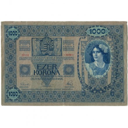 Австро-Венгрия 1000 крон 1902 год - горизонтальная надпечатка - VF+