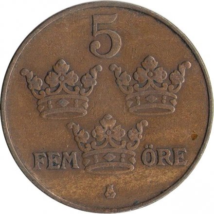 Швеция 5 эре 1919 год - Король Густав V (бронза)
