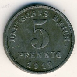 Германия 5 пфеннигов 1919 год (F)