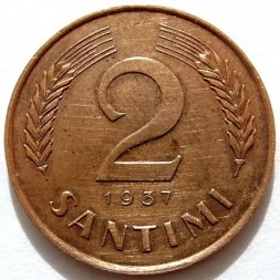 Латвия 2 сантима 1937 год (редкая)