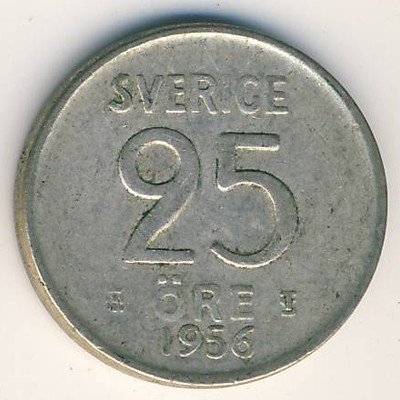 Швеция 25 эре 1956 год - Густав V