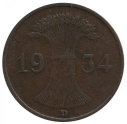 Веймарская республика 1 рейхспфенниг 1934 год (D)
