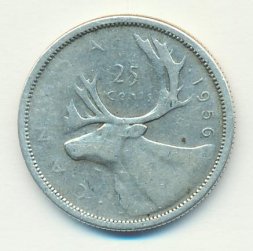 Канада 25 центов 1956 год - Карибу (северный олень) (серебро)